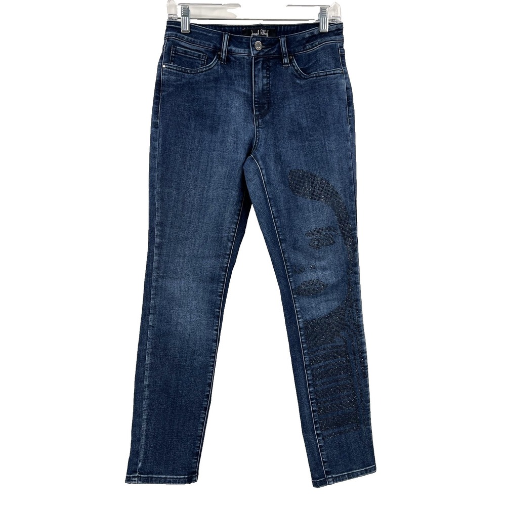 JOSEPH RIBKOFF Womens 6 Dark-Wash Black Rhinestone Face Slim Straight Blue Jeans